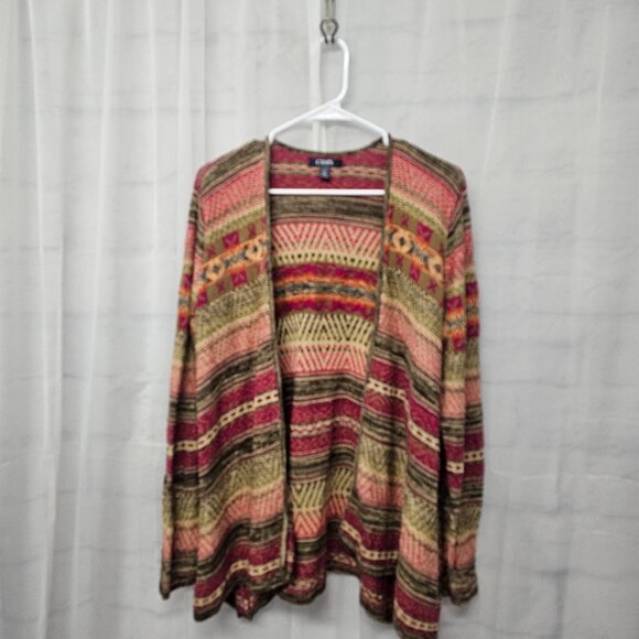 Chaps Pink Green Southwestern Cardigan Boho Open Aztec Western 1X - Picture 7 of 10